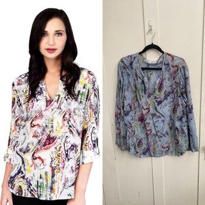 Tianello Washable Silk Blouse Size XL Blue Paisley Tunic 3/4 Sleeves Oversize